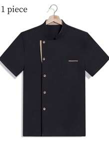 1 件短袖薄款厨师制服，适用于餐厅、厨房、酒店，透气 - 黑色 - 查看 1