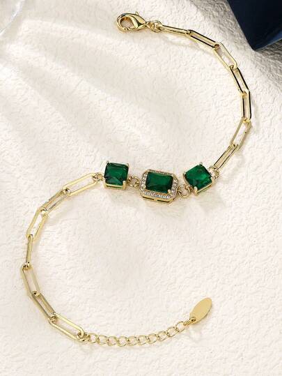 1件奢华绿色方形水滴形立方氧化锆镶嵌手链，时尚日常佩戴，男女皆宜