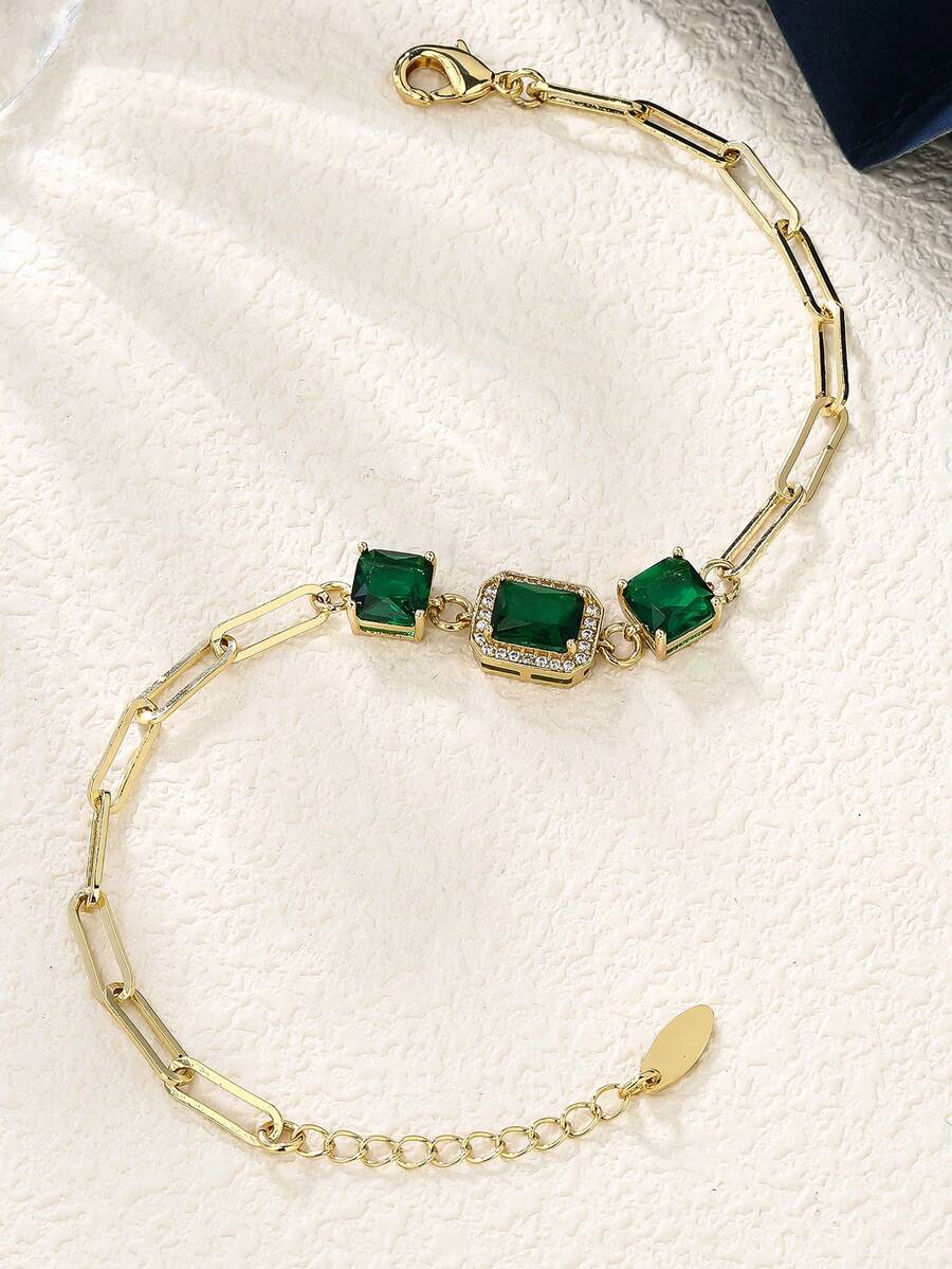 1件奢华绿色方形水滴形立方氧化锆镶嵌手链，时尚日常佩戴，男女皆宜 - 金黃色 - 查看 1