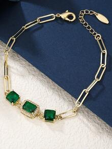 1件奢华绿色方形水滴形立方氧化锆镶嵌手链，时尚日常佩戴，男女皆宜 - 金黃色 - 查看 4