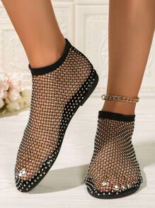 Women's Classic 2024 Latest Net Pattern Rhinestone Shiny Fashion Versatile Comfortable Lightweight Thin Sole Solid Color Flat Sandals - Black - View 4