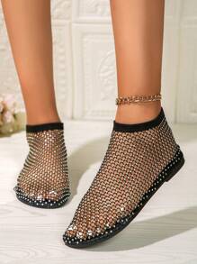 Women's Classic 2024 Latest Net Pattern Rhinestone Shiny Fashion Versatile Comfortable Lightweight Thin Sole Solid Color Flat Sandals - Black - View 1