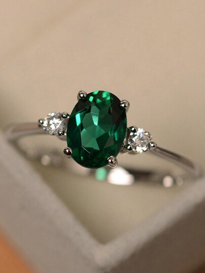 1pc Elegant Promise Ring With Green Cubic Zirconia Stone, A Beautiful Mystical Symbol To Match Daily Outfit Or Party Accessory