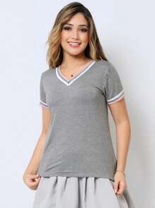 Women's Round Neck T-Shirt Blouse Summer Fashion Size S M L XL - Gris Oscuro - Ver 2