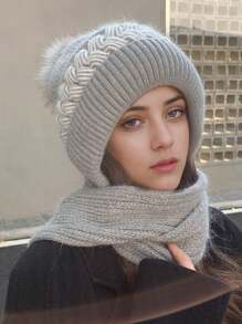 2024新款帽子围巾组合女冬季韩版保暖护耳女士针织帽围巾套装时尚个性 - 毛線圍巾一體帽 - 查看 7