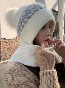 2024新款帽子围巾组合女冬季韩版保暖护耳女士针织帽围巾套装时尚个性 - 毛線圍巾一體帽 - 查看 6