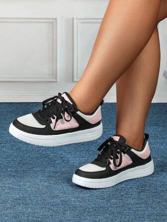 Zapatillas holgadas de skateboard de la serie Dopamina de malla transpirable en blanco, negro y rosa, de ancho extra, suaves y cómodas zapatillas deportivas casuales adecuadas para vacaciones, caminatas al aire libre y vida diaria