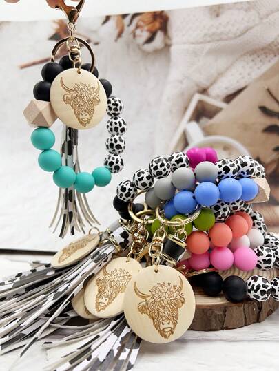 1 szt. Boho Style Cow Printed Beaded Keyring With Beads And Tassel, Western Bull Pendant Ring, Może być używany jako dodatek do torby, prezent dla rodziców i przyjaciół