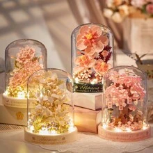 1pc Novo conjunto de presente de flores românticas - Conjunto de blocos de construção de capa de flor de hibisco champanhe, conjunto de decoração de quadro de mensagens de flores eternas românticas florescentes, capa de flor de animal, capa de flor de Natal, dia dos namorados, dia do professor, presente de aniversário