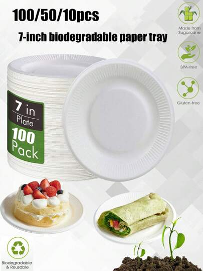 100/50/10pcs 100% Compostable Small Paper Plates, 7-Inch Paper Meal Plates (Approximately 18.5cm), Made Of Sugarcane Fiber Uncoated Board, Perfect For Sandwiches, Cakes, And Snacks, Suitable For Picnics, Outdoor Activities, Barbecues, Fishing, Queuing, Gatherings, Paper Plates, Disposable Uncoated Cardboard, Disposable Meal Plates Christmas Party Christmas Decor Christmas Decorations Christmas Gifts And Decor Decorations S