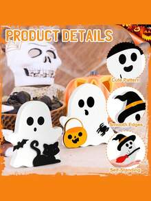 1 Stück süße Halloween Dekoration Geist für Innen, dekorative hölzerne mehrstufige Tablett Dekoration, Schilder mit schwarzer Katze, Fledermaus, Besen und Kürbis Blöcken für Party, Heim und Regal Präsentation