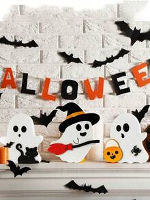 1 Stück süße Halloween Dekoration Geist für Innen, dekorative hölzerne mehrstufige Tablett Dekoration, Schilder mit schwarzer Katze, Fledermaus, Besen und Kürbis Blöcken für Party, Heim und Regal Präsentation