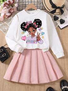 Bộ áo nỉ cổ tròn in họa tiết hoạt hình và chân váy nhún cho bé gái - Hồng - Xem 1