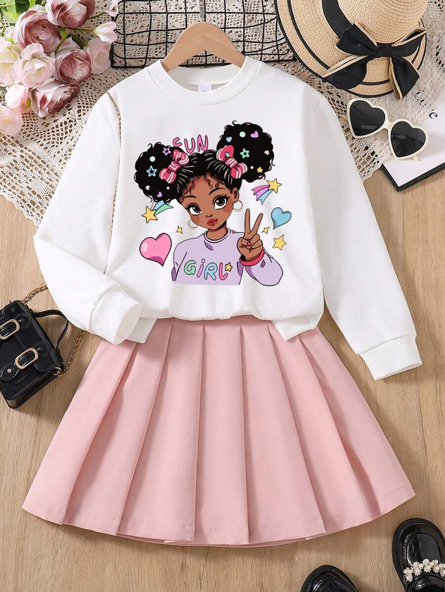 Bộ áo nỉ cổ tròn in họa tiết hoạt hình và chân váy nhún cho bé gái - Hồng - Xem 1