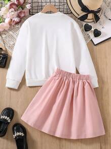 Bộ áo nỉ cổ tròn in họa tiết hoạt hình và chân váy nhún cho bé gái - Hồng - Xem 2