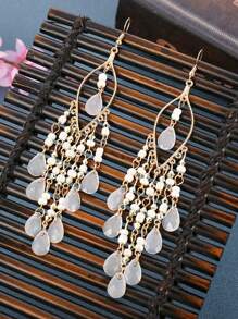 2 chiếc Bông tai mặt dây chuyền tua rua phong cách Bohemian, Bông tai dangle tua rua dài đính cườm - trắng - Xem 3