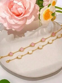 2pcs/Set Classic White And Pink Petal Bracelet Set - White Powder - View 2