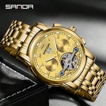 SANDA 桑达2024新品7006热销男士全自动机械钢带石英表时尚日历镂空男表 - 金色 - 查看 8