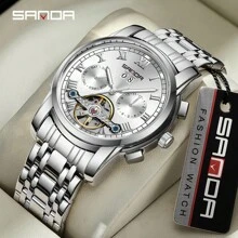 SANDA 桑达2024新品7006热销男士全自动机械钢带石英表时尚日历镂空男表 - 金色 - 查看 4