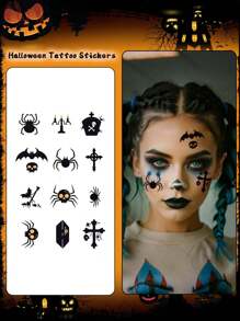 1 件万圣节临时纹身南瓜蝙蝠蜘蛛卡通防水防汗一次性纹身贴纸适用于男女脸部、颈部、手臂、手指、胸部身体艺术假纹身手指贴纸 - 彩色 - 查看 13
