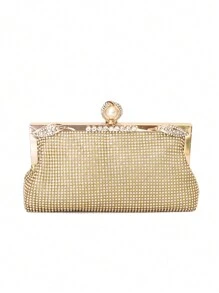 Luxury Rhinestone Embellished Handmade Evening Clutch Bag, Party Purse With Chain Strap - Gold - View 1