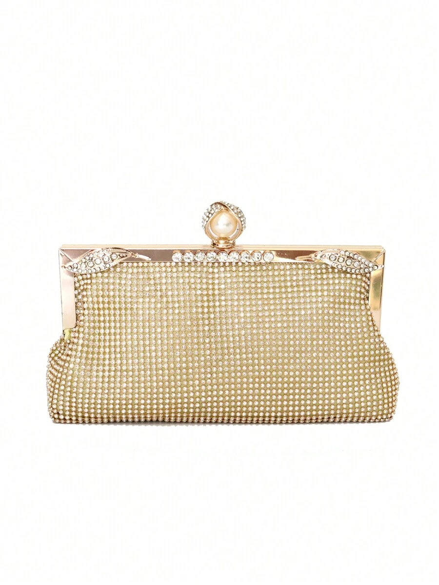 Luxury Rhinestone Embellished Handmade Evening Clutch Bag, Party Purse With Chain Strap - Gold - View 1