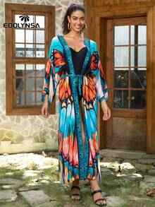 Contrast Trim Open Front Kimono Dress Lounge Wear Dress Bohemian Vacation Comfortable, For Summer Beach - Multicolor - View 8