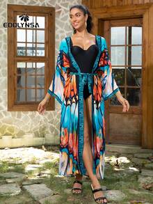 Contrast Trim Open Front Kimono Dress Lounge Wear Dress Bohemian Vacation Comfortable, For Summer Beach - Multicolor - View 6