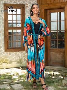 Contrast Trim Open Front Kimono Dress Lounge Wear Dress Bohemian Vacation Comfortable, For Summer Beach - Multicolor - View 9