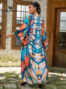 Contrast Trim Open Front Kimono Dress Lounge Wear Dress Bohemian Vacation Comfortable, For Summer Beach - Multicolor - View 2