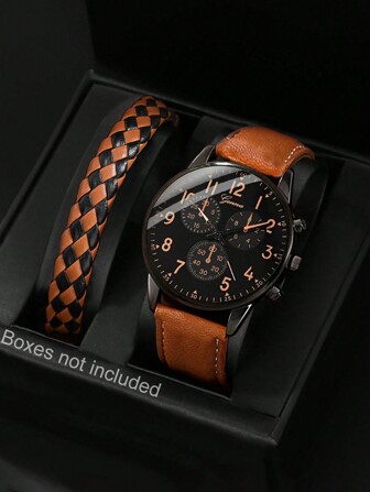 1 Set Men's Casual Fashion Round Quartz Watch With PU Braided Strap, Suitable For Daily Wear, Birthday Gift, Party, Holiday Gathering, Ideal Gift For Yourself Or Friends. No Packaging Box Included.