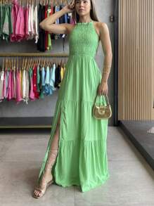 Elastek Elegant Slit Halter Neck Long Dress - verde menta - Ver 1