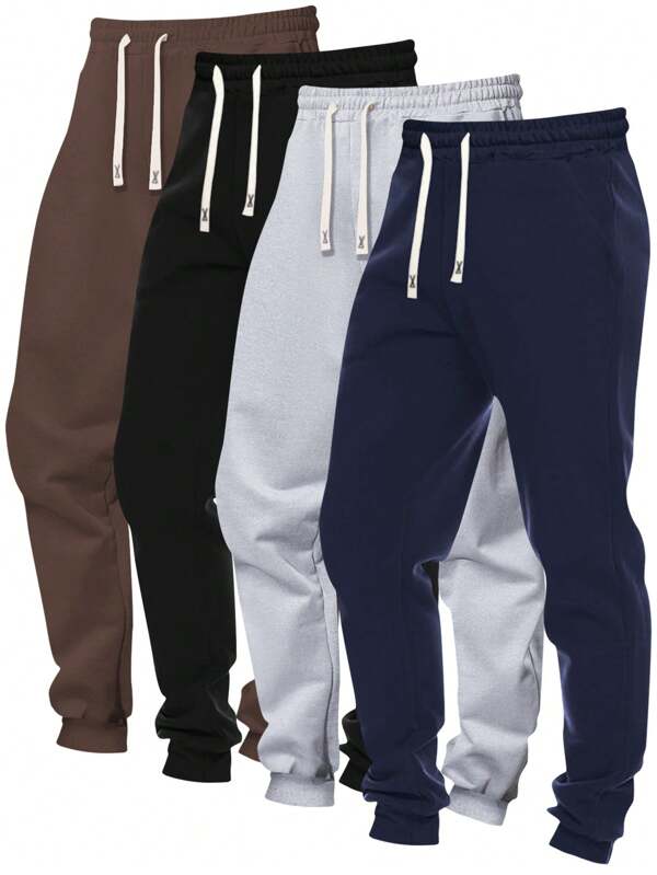 4pcs Men Drawstring Waist Elastic Casual Sport Long Pants, Solid Colors All-Match Tracksuit Bottoms With Pockets, Spring Autumn Outdoor Workout Jogger Sweatpants