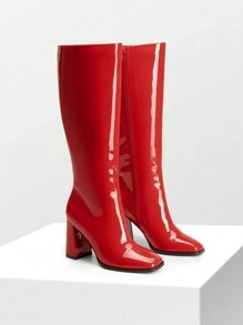 Women's Square Toe Gogo Boots Chunky Heel Classic Solid Color Knee High Boots With Side Zip Fashionable Tall Boots - 紅色 - 查看 3