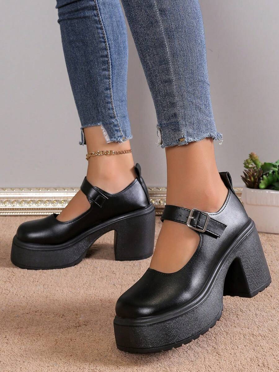 Zapatos de tacón alto de suela gruesa y puntera redonda para mujer, Otoño/Invierno 2024 - Negro - Ver 1