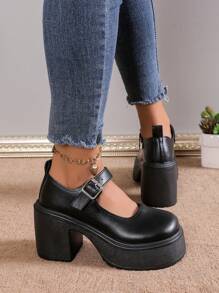 Zapatos de tacón alto de suela gruesa y puntera redonda para mujer, Otoño/Invierno 2024 - Negro - Ver 3