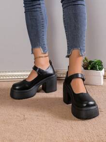 Zapatos de tacón alto de suela gruesa y puntera redonda para mujer, Otoño/Invierno 2024 - Negro - Ver 5