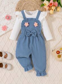 Baby Girl Ribbed Long Sleeve Shirt And Bib Pants Set, White, Fall/Winter - Multicolor - View 1