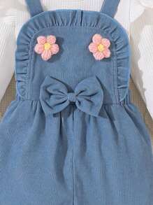 Baby Girl Ribbed Long Sleeve Shirt And Bib Pants Set, White, Fall/Winter - Multicolor - View 3