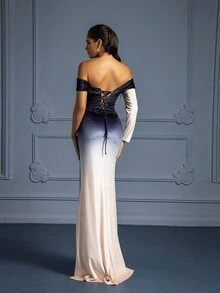 VIPGIRL Elegant Ombre Off-Shoulder High Slit Long Gown In Velvet Fabric, Elegant Party, Prom Dress For Women, Formal Evening Gown, Long Sleeve Dress, For Wedding Guest, Graduation, Dinner - Black and White - View 2