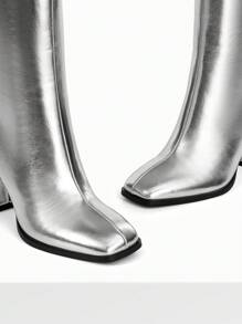 Women's Square Toe Gogo Boots Chunky Heel Classic Solid Color Knee High Boots With Side Zip Fashionable Tall Boots - 銀色 - 查看 5
