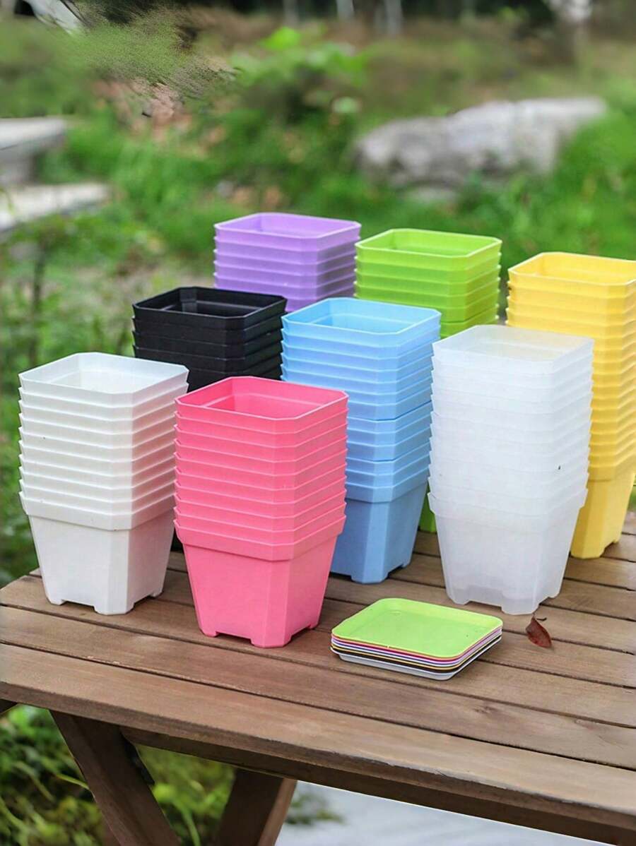 Set da 10 Pezzi Vaso da fiori quadrato di colore misto, mini vaso per piante grasse con vassoio, fioriera in plastica, decorazione domestica da giardino