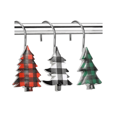 12pcs Christmas Series Home Decorations Metal & Resin Tricolor Plaid Christmas Tree Holiday Decor, Bathroom Accessories, Living Room Bedroom Kitchen Decorative Shower Curtain Hooks, Window Curtain Clips Bathroom Decor