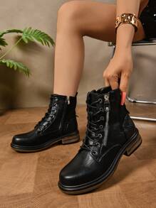 Giày bốt cổ ngắn buộc dây thanh lịch thoải mái màu khối cho nữ, giày bốt phong cách Anh cổ điển - màu đen - Xem 3