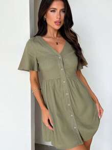 V-Neck Front Button Detail Casual Romantic Dress - Green - View 3