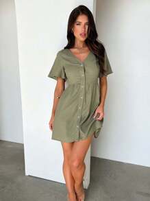V-Neck Front Button Detail Casual Romantic Dress - Green - View 6
