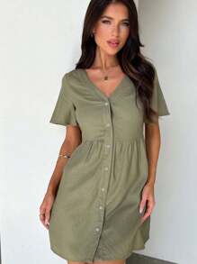 V-Neck Front Button Detail Casual Romantic Dress - Green - View 1