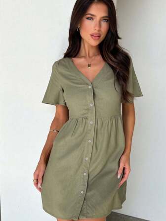 V-Neck Front Button Detail Casual Romantic Dress