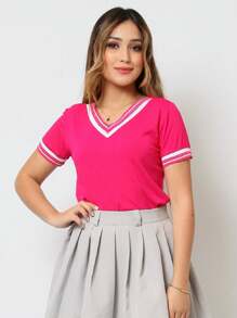 Women's Round Neck T-Shirt Blouse Summer Fashion Size S M L XL - 玫紅色 - 查看 5