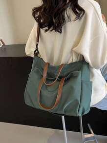 女士多口袋手提包，简约时尚单肩斜挎包，轻便可折叠，适合购物、旅行、办公 - 綠色 - 查看 5